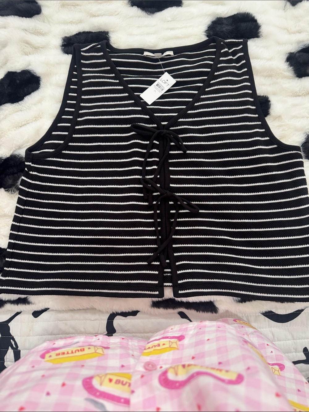 LOFT Black & White Striped Tie-Front Knit Tank